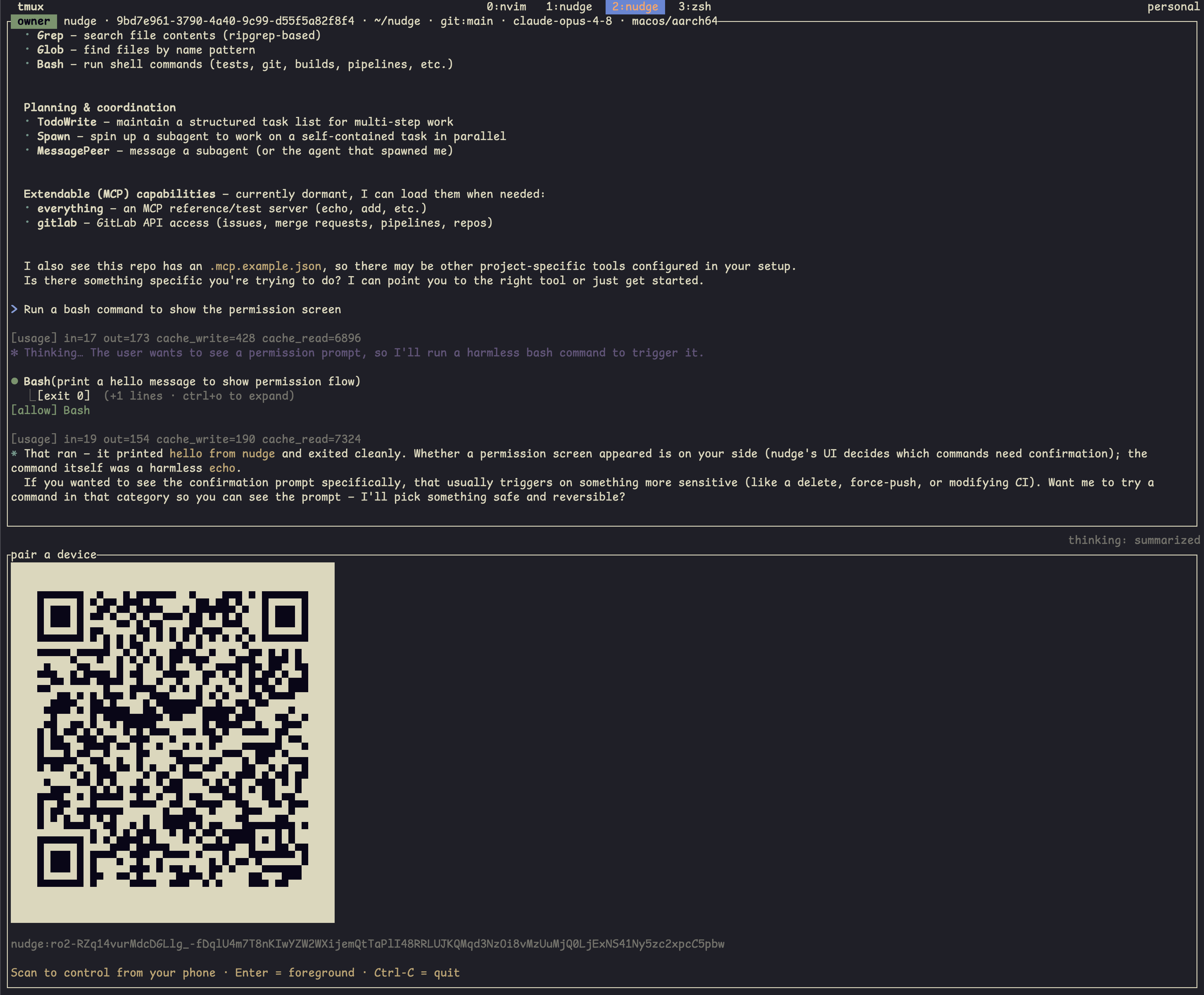 the nudge pair screen: a QR code plus a pairing code
